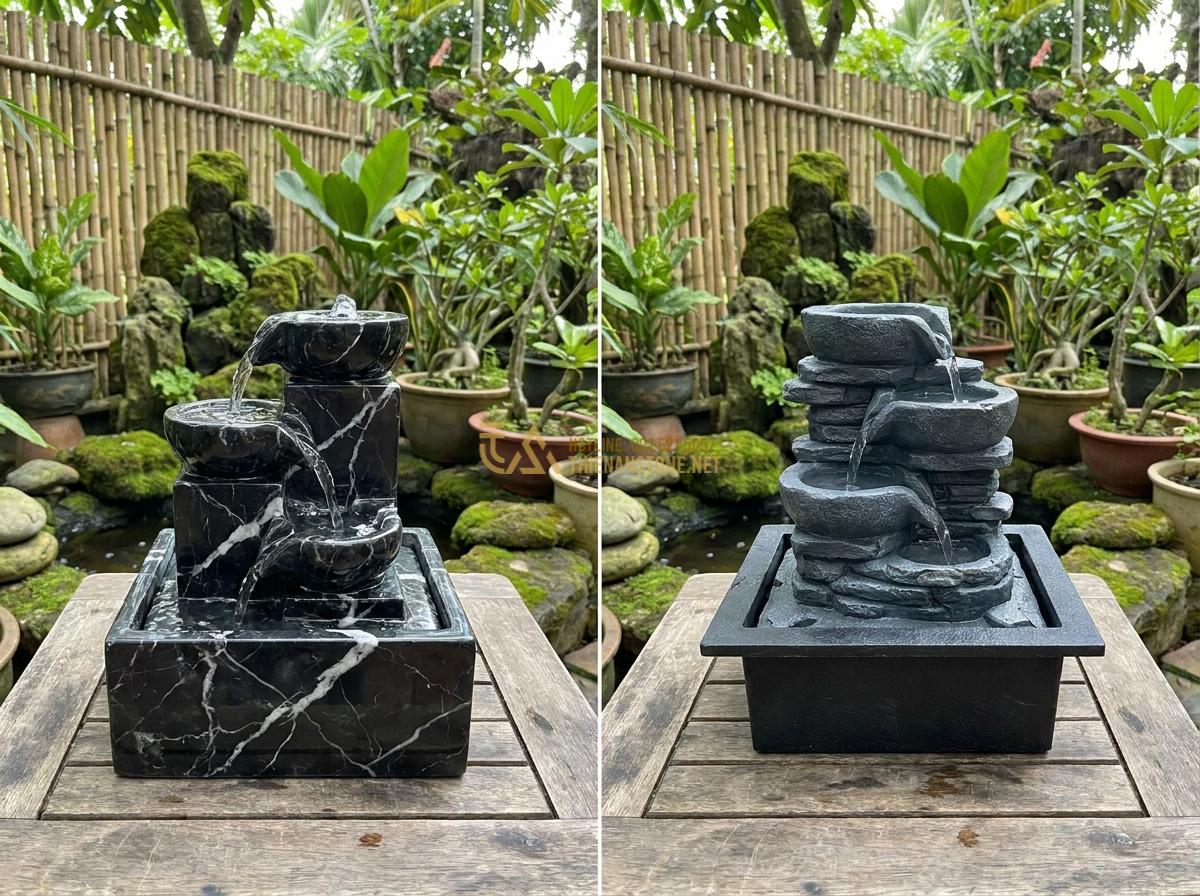 Đài Phun Nước Mini Bằng Đá Tự Nhiên: Mẫu Đẹp, Giá Rẻ Cho Không Gian Nhỏ & Để Bàn - Hình 17 Đài Phun Nước Mini Bằng Đá Tự Nhiên: Mẫu Đẹp, Giá Rẻ Cho Không Gian Nhỏ & Để Bàn - Side by side comparison of natural stone mini fountain vs plastic and composite