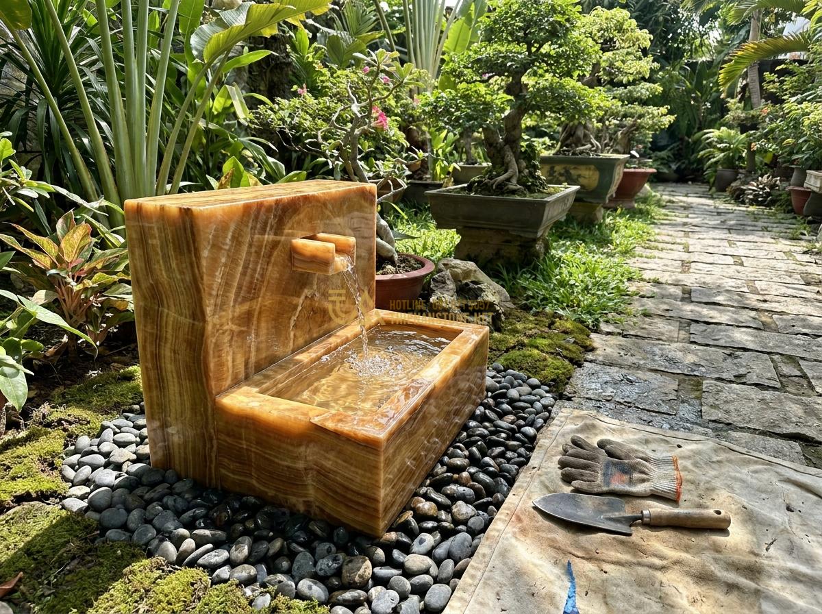 Đài Phun Nước Mini Bằng Đá Tự Nhiên: Mẫu Đẹp, Giá Rẻ Cho Không Gian Nhỏ & Để Bàn - Hình 21 Đài Phun Nước Mini Bằng Đá Tự Nhiên: Mẫu Đẹp, Giá Rẻ Cho Không Gian Nhỏ & Để Bàn - Professional team at Da Canh Thien An installing custom mini stone fountain in c