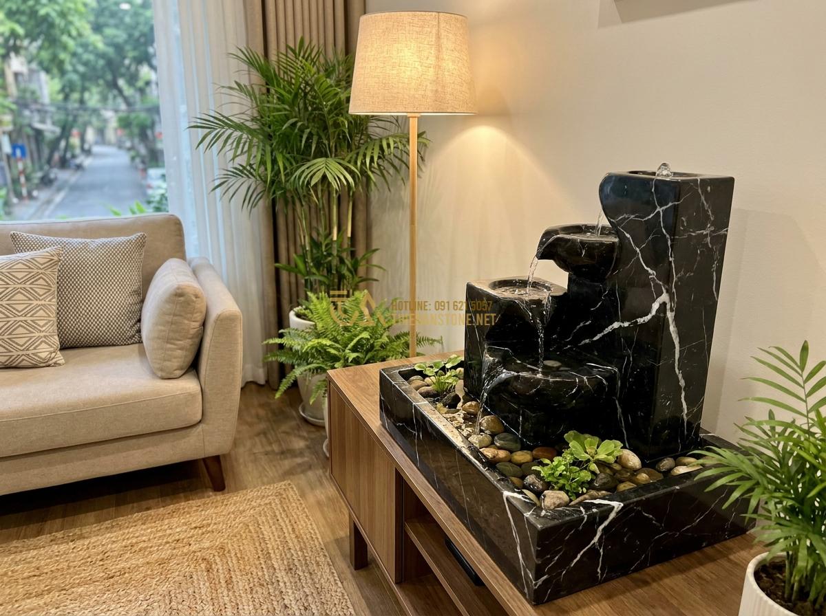 Đài Phun Nước Mini Bằng Đá Tự Nhiên: Mẫu Đẹp, Giá Rẻ Cho Không Gian Nhỏ & Để Bàn - Hình 3 Đài Phun Nước Mini Bằng Đá Tự Nhiên: Mẫu Đẹp, Giá Rẻ Cho Không Gian Nhỏ & Để Bàn - Natural stone mini fountain creating relaxing water sound in a cozy small living
