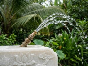 Đầu Phun & Vòi Phun Nước Cho Đài Phun Nước Bằng Đá: Loại Nào Tốt Nhất? - Detailed close-up of a premium brass water spray nozzle mounted on a carved natu