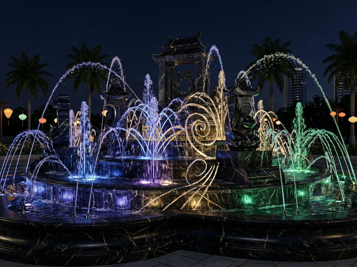 Đầu Phun & Vòi Phun Nước Cho Đài Phun Nước Bằng Đá: Loại Nào Tốt Nhất? - Artistic rendering of 2026 trend water spray nozzles creating interactive water