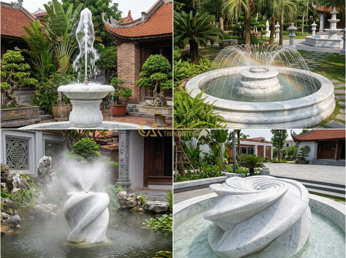 Đầu Phun & Vòi Phun Nước Cho Đài Phun Nước Bằng Đá: Loại Nào Tốt Nhất? - Collage showing various types of water fountain nozzles including single jet, ri