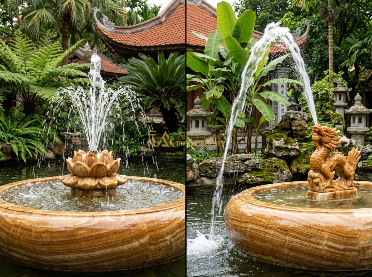 Đầu Phun & Vòi Phun Nước Cho Đài Phun Nước Bằng Đá: Loại Nào Tốt Nhất? - Side-by-side comparison photos of different artistic water nozzles in action on