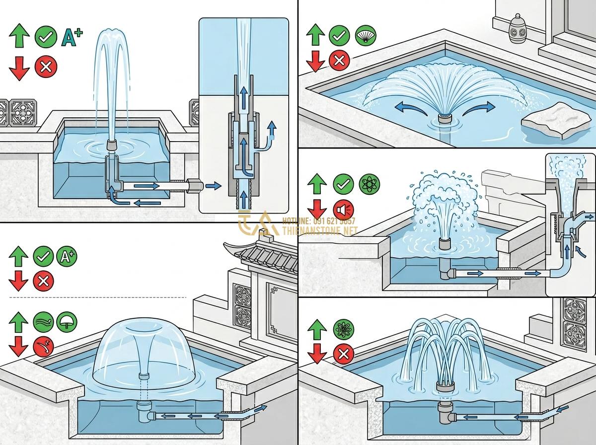 Đầu Phun & Vòi Phun Nước Cho Đài Phun Nước Bằng Đá: Loại Nào Tốt Nhất? - Detailed technical diagram style image showing pros and cons labels on various f