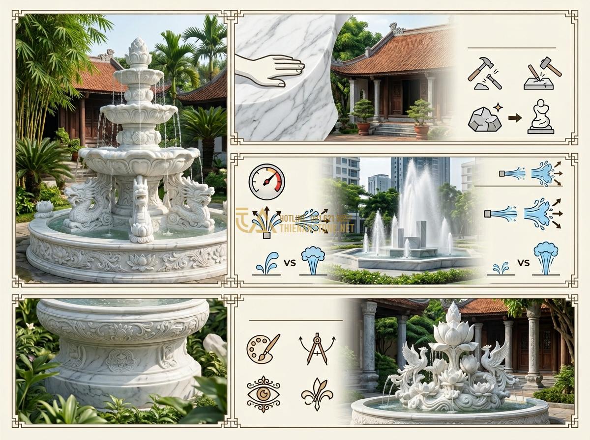 Đầu Phun & Vòi Phun Nước Cho Đài Phun Nước Bằng Đá: Loại Nào Tốt Nhất? - Checklist style visual of selection criteria for fountain nozzles with stone fou