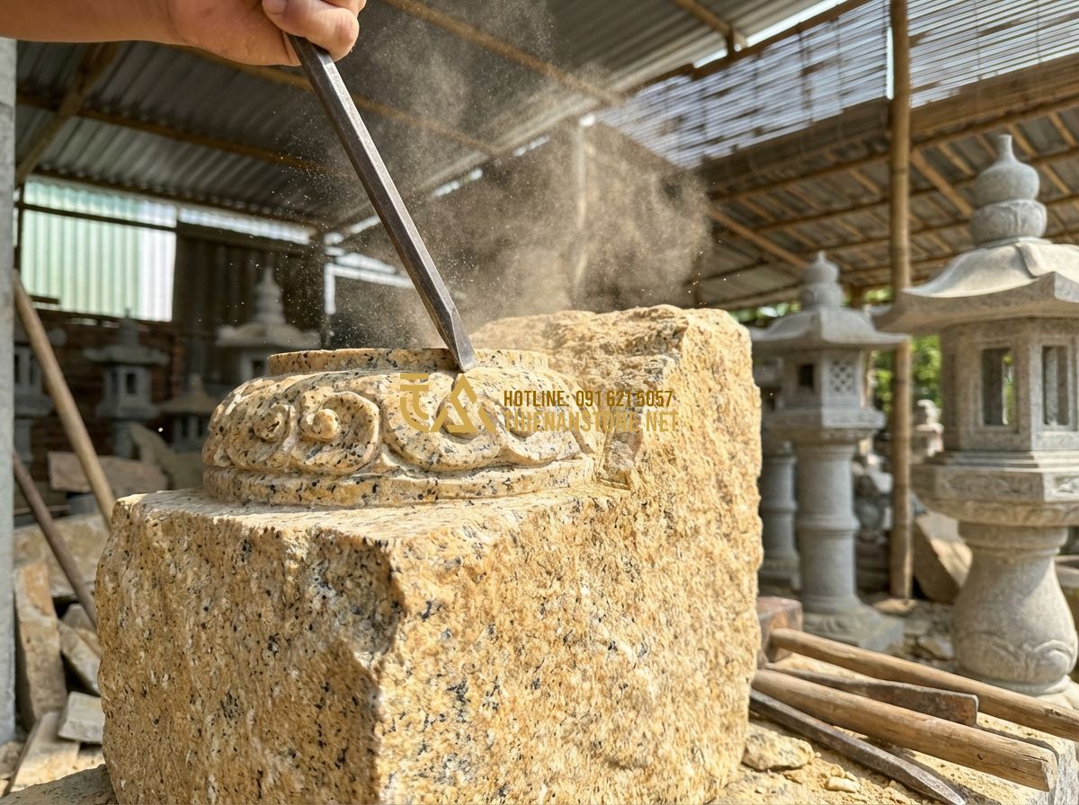 Đèn Đá Sân Vườn Kết Hợp Tiểu Cảnh: 10 Ý Tưởng Trang Trí Đẹp Mê Ly - Hình 13 Đèn Đá Sân Vườn Kết Hợp Tiểu Cảnh: 10 Ý Tưởng Trang Trí Đẹp Mê Ly - Tạo ảnh tiếng Anh: A skilled artisan carving a traditional stone lantern from a