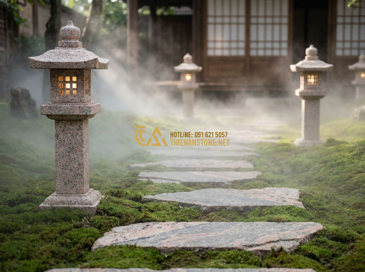 Đèn Đá Sân Vườn Kết Hợp Tiểu Cảnh: 10 Ý Tưởng Trang Trí Đẹp Mê Ly - Hình 4 Đèn Đá Sân Vườn Kết Hợp Tiểu Cảnh: 10 Ý Tưởng Trang Trí Đẹp Mê Ly - Tạo ảnh tiếng Anh: A winding stone path through a misty garden, flanked by tall
