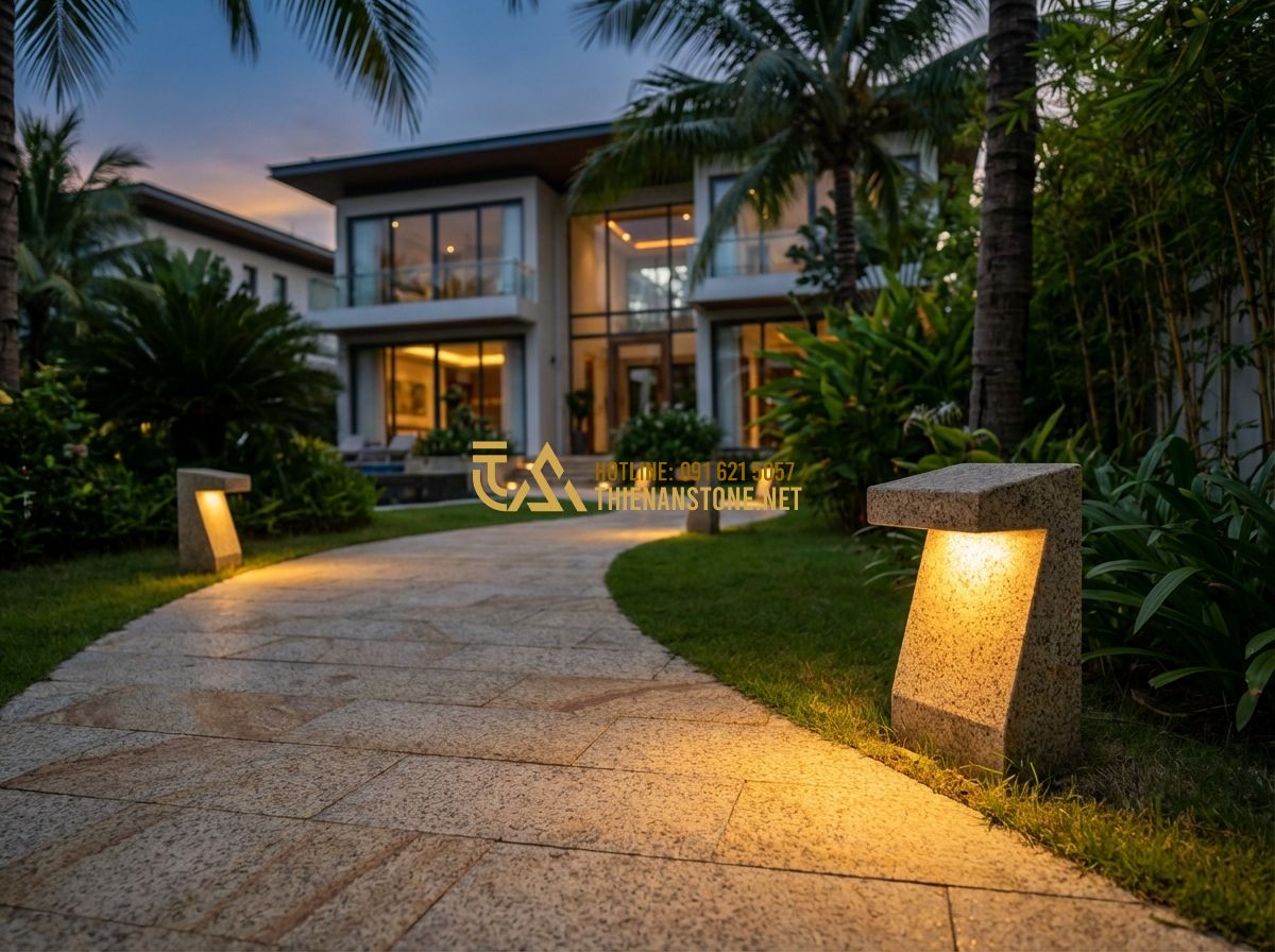 Đèn Đá Sân Vườn LED Tự Nhiên: Lựa Chọn Hoàn Hảo Cho Ngôi Nhà Hiện Đại - Tạo ảnh tiếng Anh: [A high-end modern garden at dusk, featuring natural stone LE