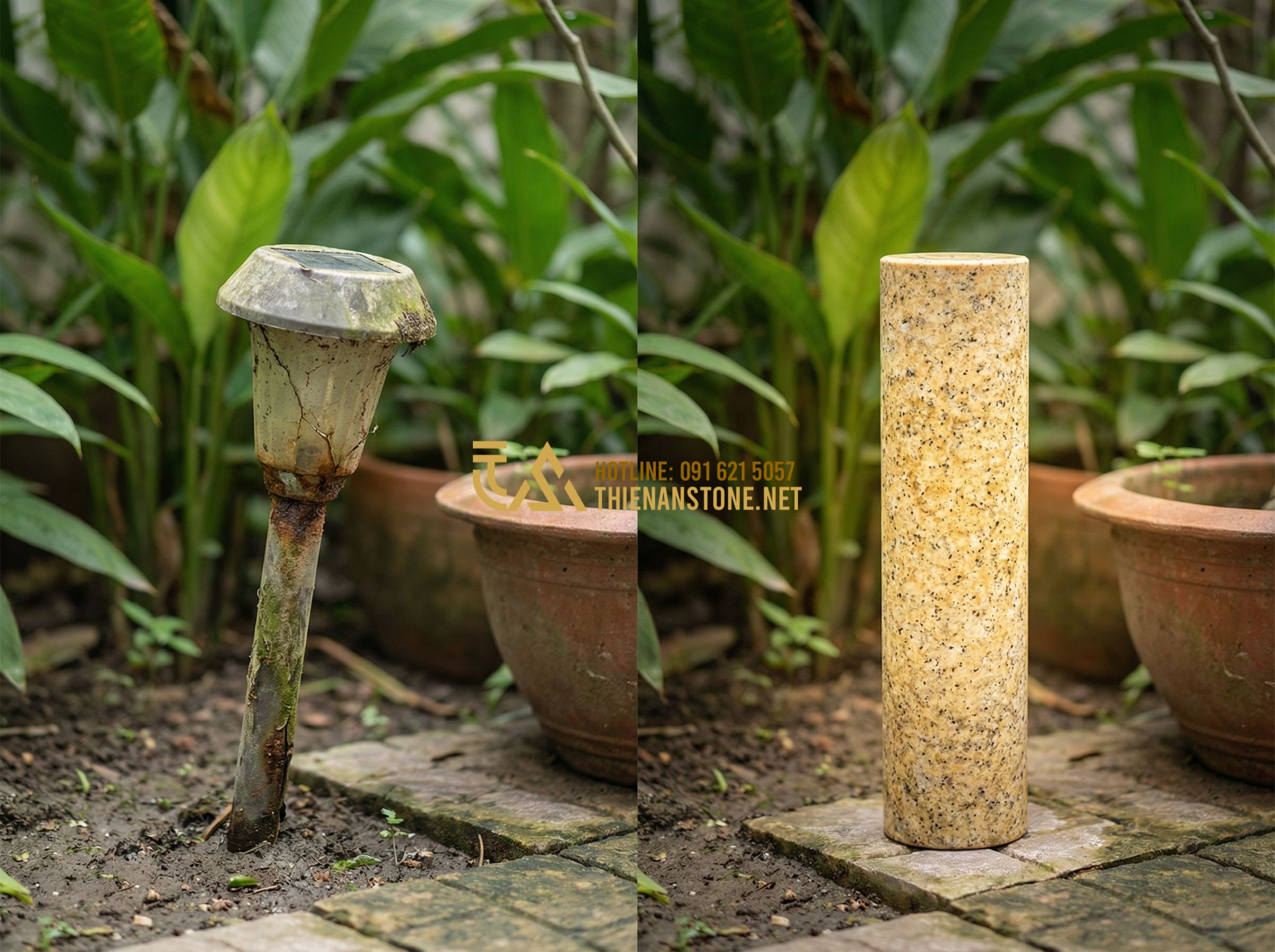 Đèn Đá Sân Vườn LED Tự Nhiên: Lựa Chọn Hoàn Hảo Cho Ngôi Nhà Hiện Đại - Tạo ảnh tiếng Anh: [Infographic showing a comparison between a weathered plastic