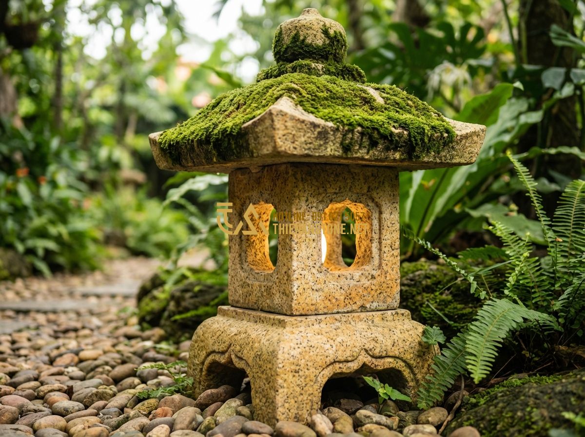 Đèn Đá Trang Trí Sân Vườn Kiểu Nhật: Bí Quyết Tạo Không Gian Thiền Định - Tạo ảnh tiếng Anh: Close-up of a weathered stone lantern in a Japanese garden, m