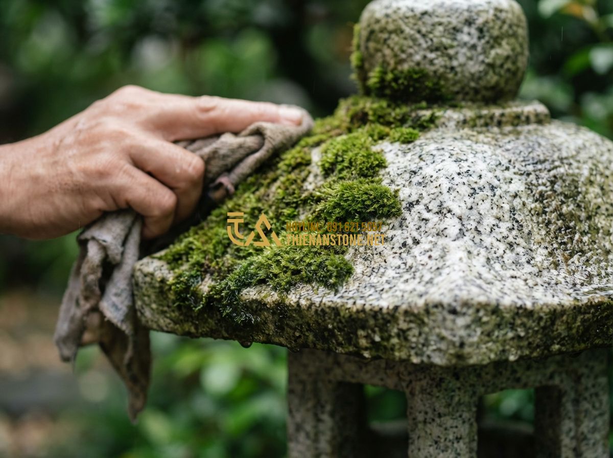 Đèn Đá Trang Trí Sân Vườn Kiểu Nhật: Bí Quyết Tạo Không Gian Thiền Định - Tạo ảnh tiếng Anh: A close-up shot of a hand gently cleaning a mossy stone lante