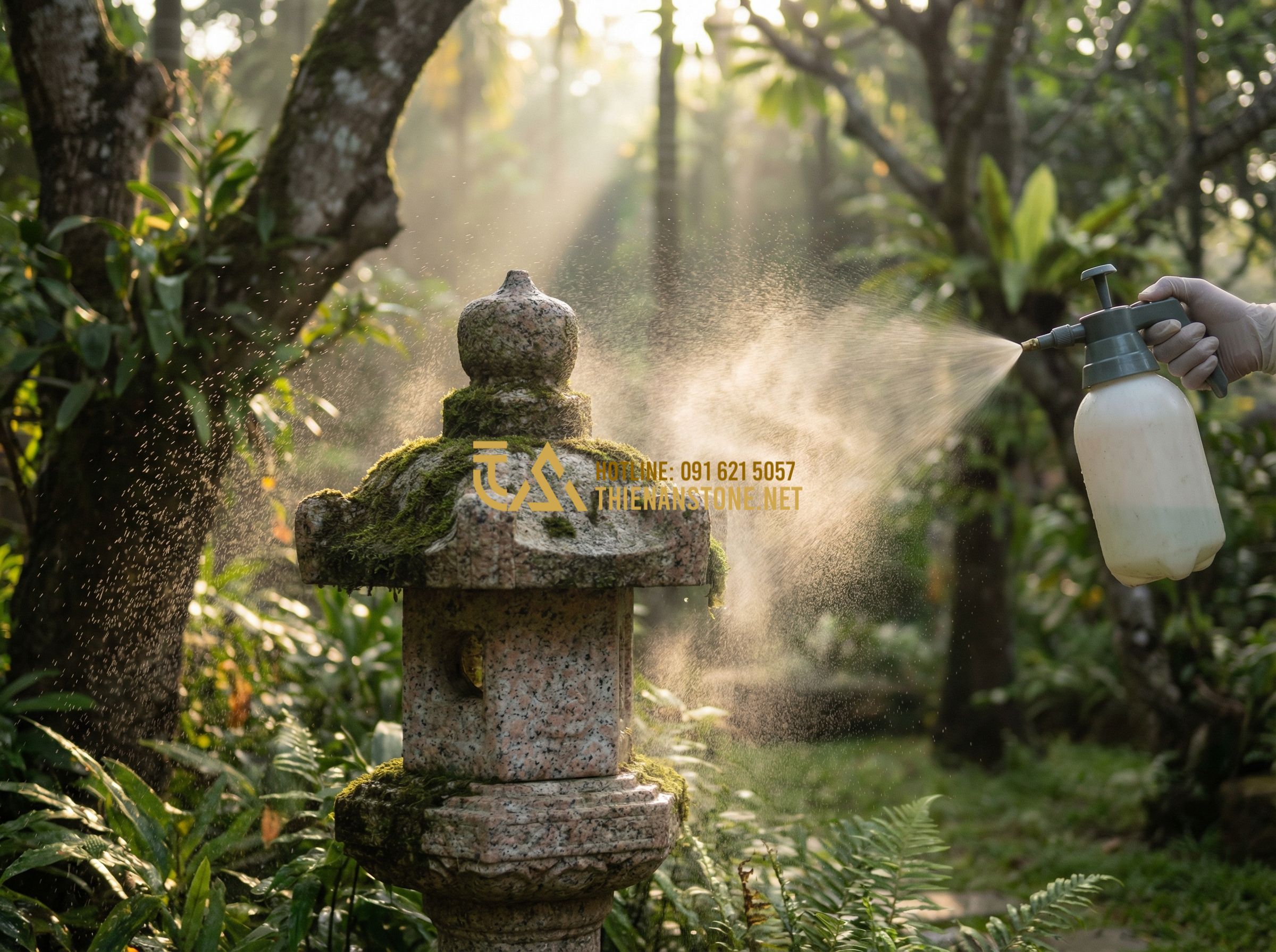 Đèn Đá Trang Trí Sân Vườn Kiểu Nhật: Bí Quyết Tạo Không Gian Thiền Định - Tạo ảnh tiếng Anh: A garden owner spraying fine mist over a stone lantern to enc