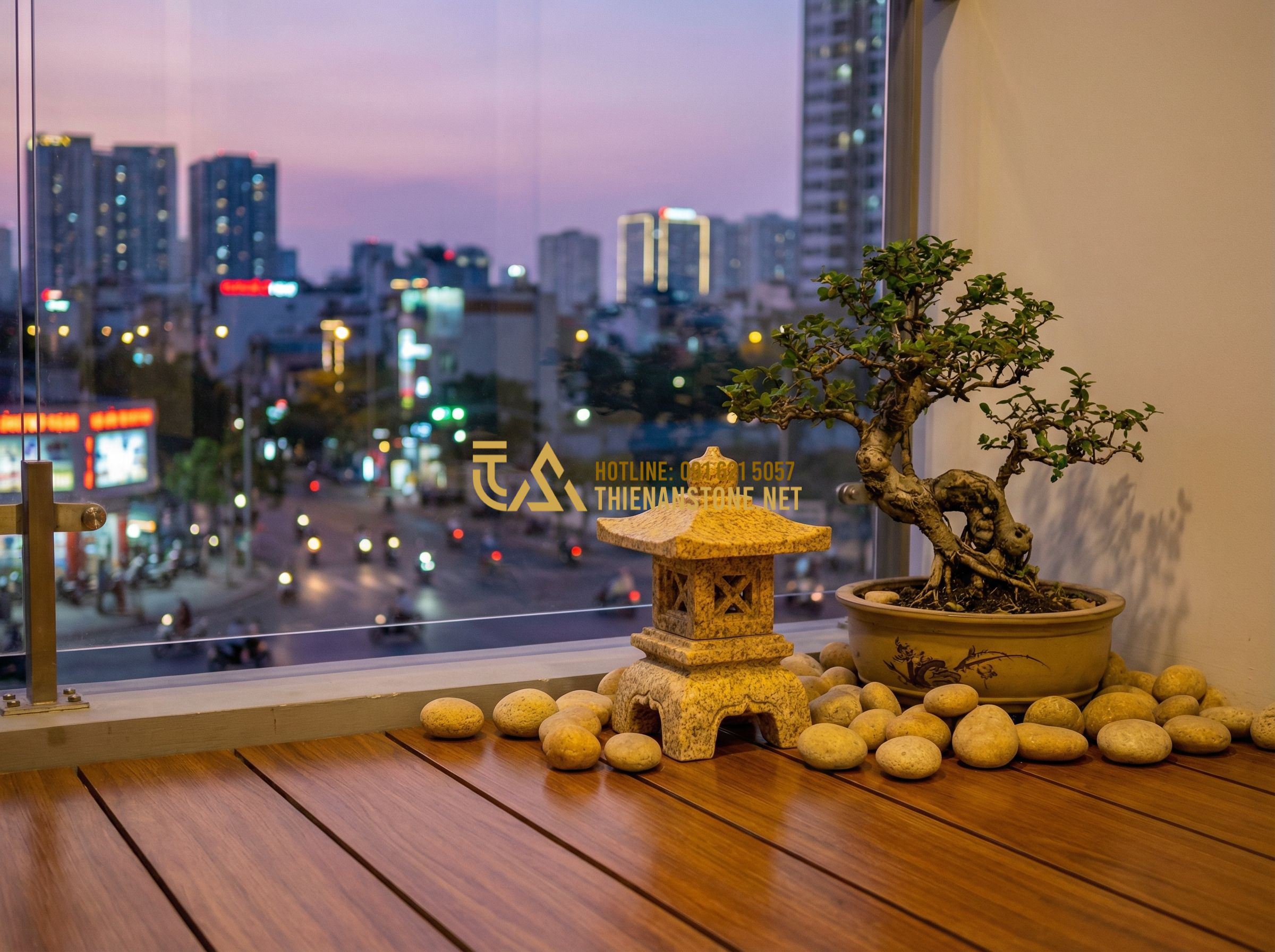Đèn Đá Trang Trí Sân Vườn Kiểu Nhật: Bí Quyết Tạo Không Gian Thiền Định - Tạo ảnh tiếng Anh: A modern balcony decorated with a small stone lantern, a bons