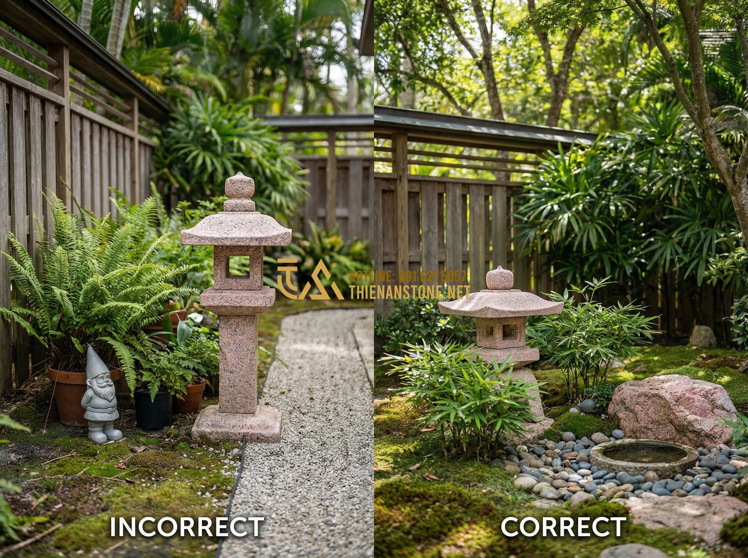Đèn Đá Trang Trí Sân Vườn Kiểu Nhật: Bí Quyết Tạo Không Gian Thiền Định - Tạo ảnh tiếng Anh: A visual guide demonstrating common mistakes in stone lantern