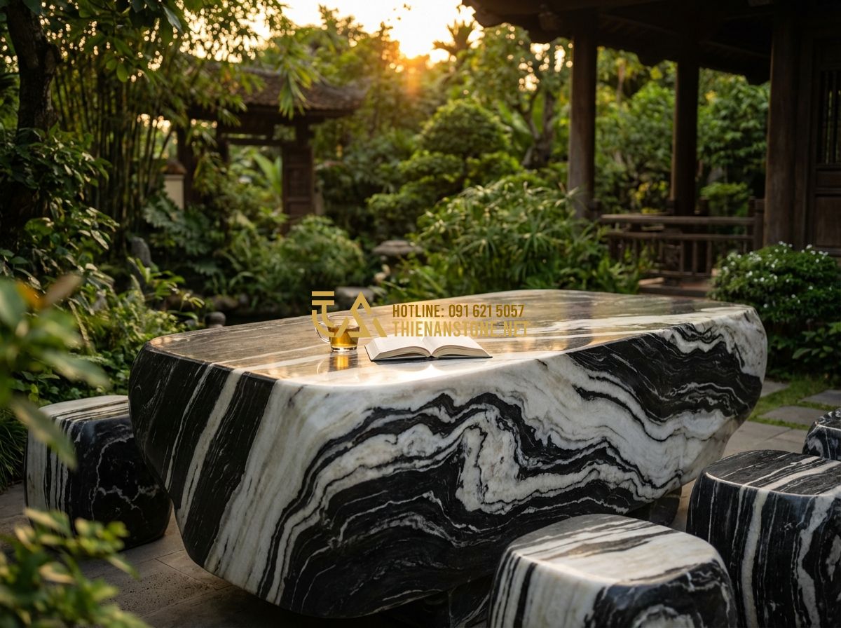 Địa Chỉ Mua Bàn Ghế Đá Tự Nhiên Nguyên Khối Uy Tín Tại Hà Nội & Các Tỉnh - Create a professional image: A serene, lush garden of a traditional Vietnamese l