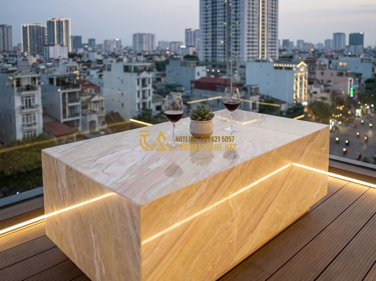 Địa Chỉ Mua Bàn Ghế Đá Tự Nhiên Nguyên Khối Uy Tín Tại Hà Nội & Các Tỉnh - Create a stunning image: An ultra-modern rooftop terrace overlooking a city skyl