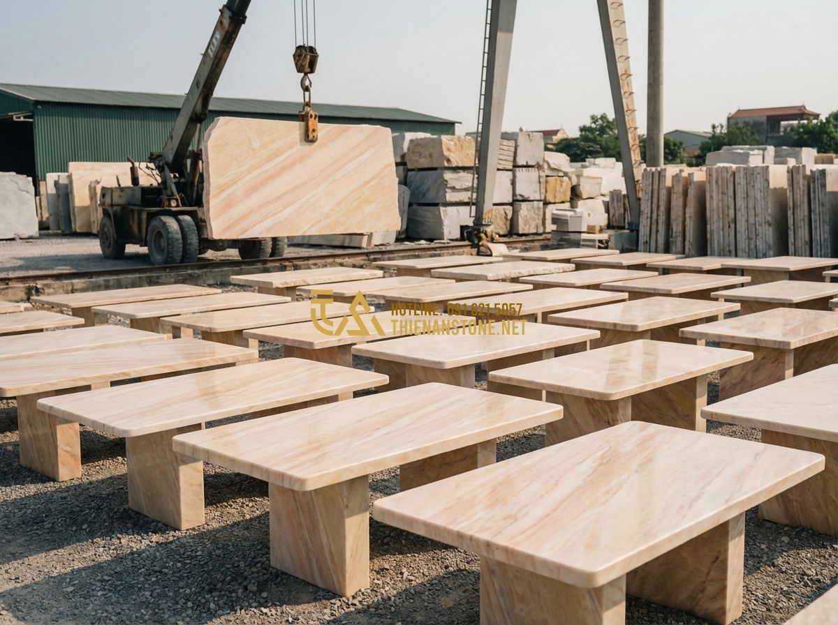 Địa Chỉ Mua Bàn Ghế Đá Tự Nhiên Nguyên Khối Uy Tín Tại Hà Nội & Các Tỉnh - Create a professional image: A sprawling outdoor stone showroom in Hanoi. Dozens