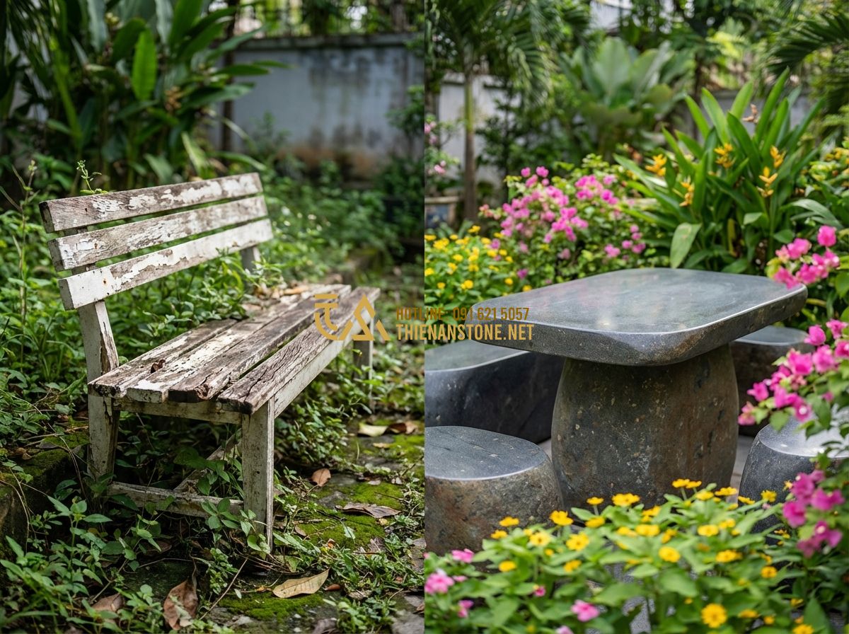 Địa Chỉ Mua Bàn Ghế Đá Tự Nhiên Nguyên Khối Uy Tín Tại Hà Nội & Các Tỉnh - Create a high-quality image: A split-screen comparison style visual. On one side