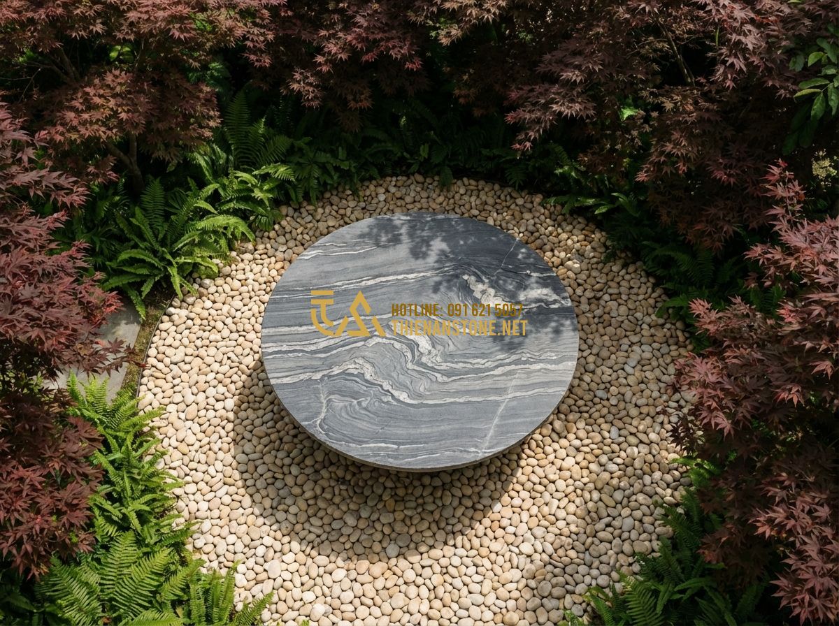 Địa Chỉ Mua Bàn Ghế Đá Tự Nhiên Nguyên Khối Uy Tín Tại Hà Nội & Các Tỉnh - Create a professional image: A top-down view of a beautifully landscaped garden.