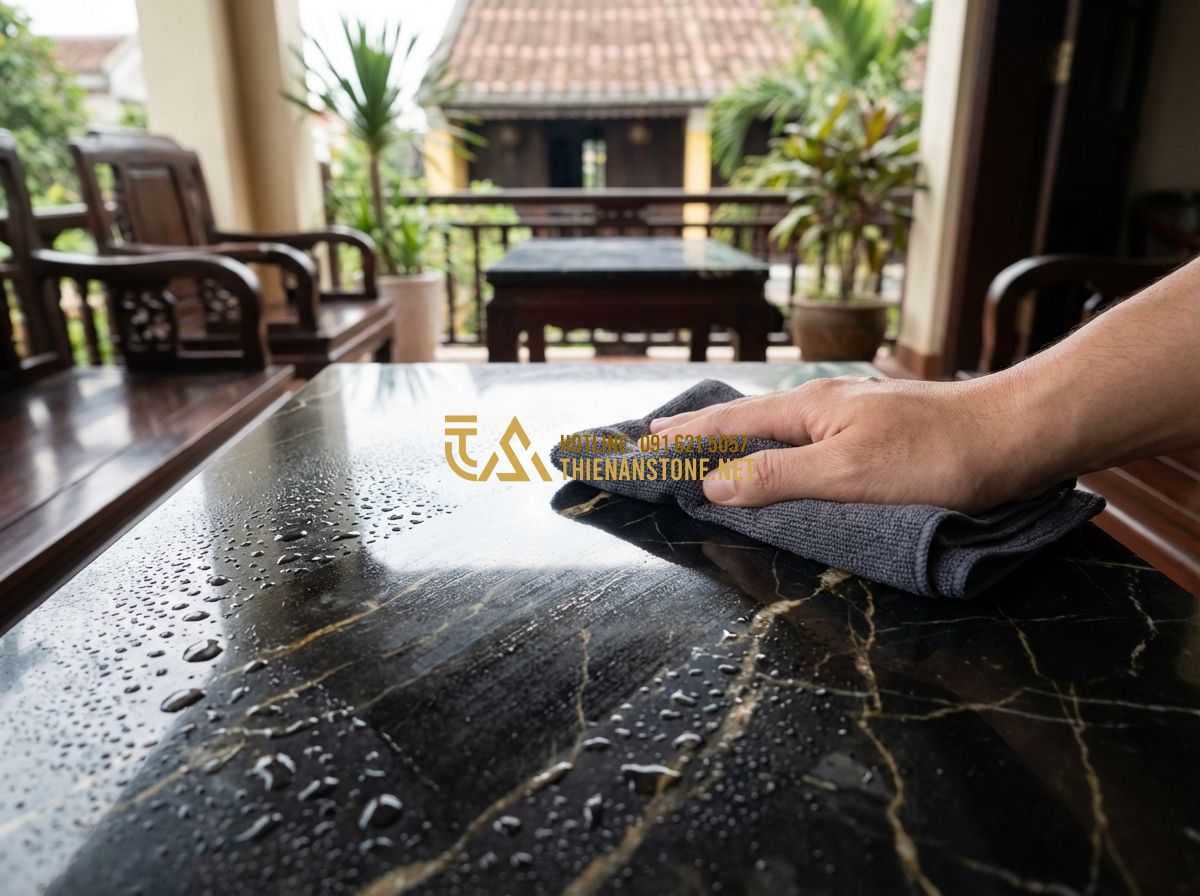 Địa Chỉ Mua Bàn Ghế Đá Tự Nhiên Nguyên Khối Uy Tín Tại Hà Nội & Các Tỉnh - Create a professional image: A person's hand using a soft microfiber cloth to ge