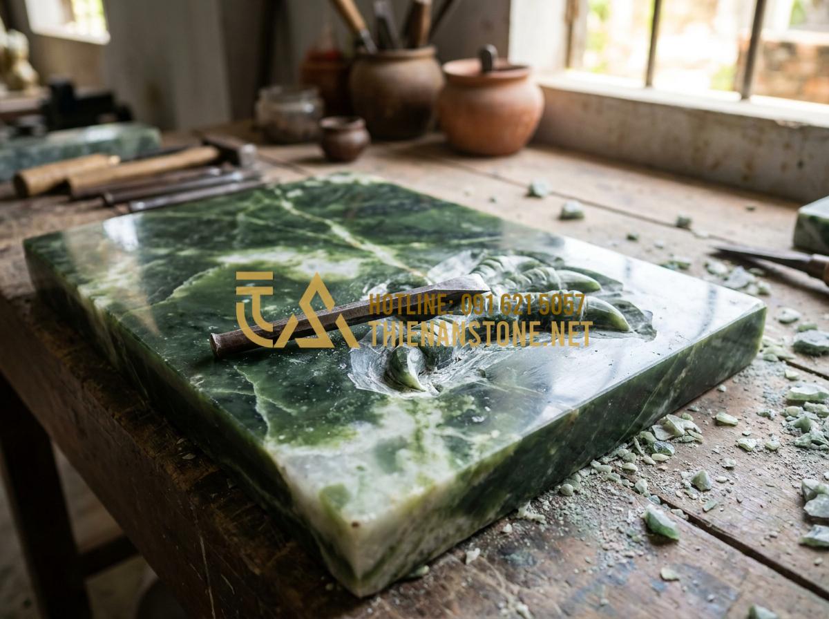 Địa Chỉ Nhận Thi Công Chiếu Rồng Đá Tại Hà Nội, Hải Phòng Và Các Tỉnh Miền Bắc - Hình 12 Địa Chỉ Nhận Thi Công Chiếu Rồng Đá Tại Hà Nội, Hải Phòng Và Các Tỉnh Miền Bắc - Detailed view of artisan using chisel to carve dragon claws on stone slab during