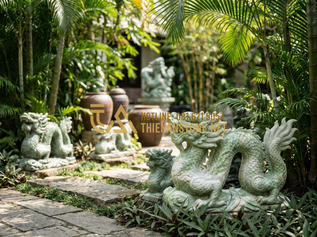 Địa Chỉ Nhận Thi Công Chiếu Rồng Đá Tại Hà Nội, Hải Phòng Và Các Tỉnh Miền Bắc - Hình 14 Địa Chỉ Nhận Thi Công Chiếu Rồng Đá Tại Hà Nội, Hải Phòng Và Các Tỉnh Miền Bắc - Elegant collection of polished stone dragon carvings in various sizes and colors