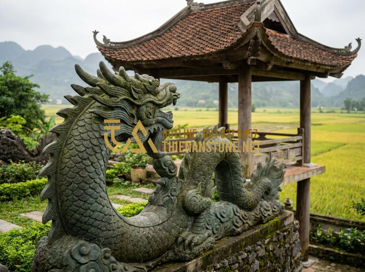 Địa Chỉ Nhận Thi Công Chiếu Rồng Đá Tại Hà Nội, Hải Phòng Và Các Tỉnh Miền Bắc - Hình 9 Địa Chỉ Nhận Thi Công Chiếu Rồng Đá Tại Hà Nội, Hải Phòng Và Các Tỉnh Miền Bắc - Stone dragon installation in rural Northern Vietnam province garden with traditi