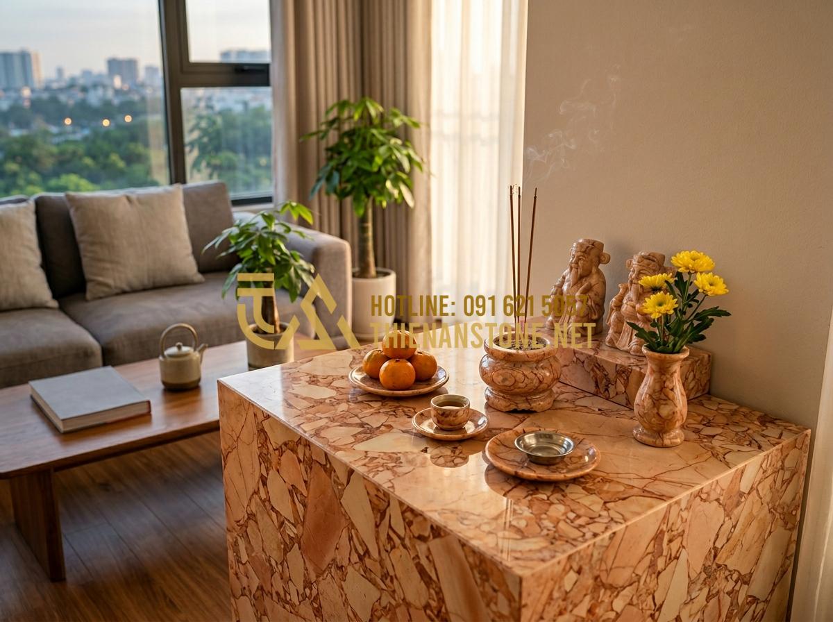 Đồ Thờ Đá Mini: Giải Pháp Trang Trọng Cho Bàn Thờ Thiên Và Trang Thờ Ông Địa - Tạo ảnh tiếng Anh: A high-end, cozy modern apartment living room with a beautifu