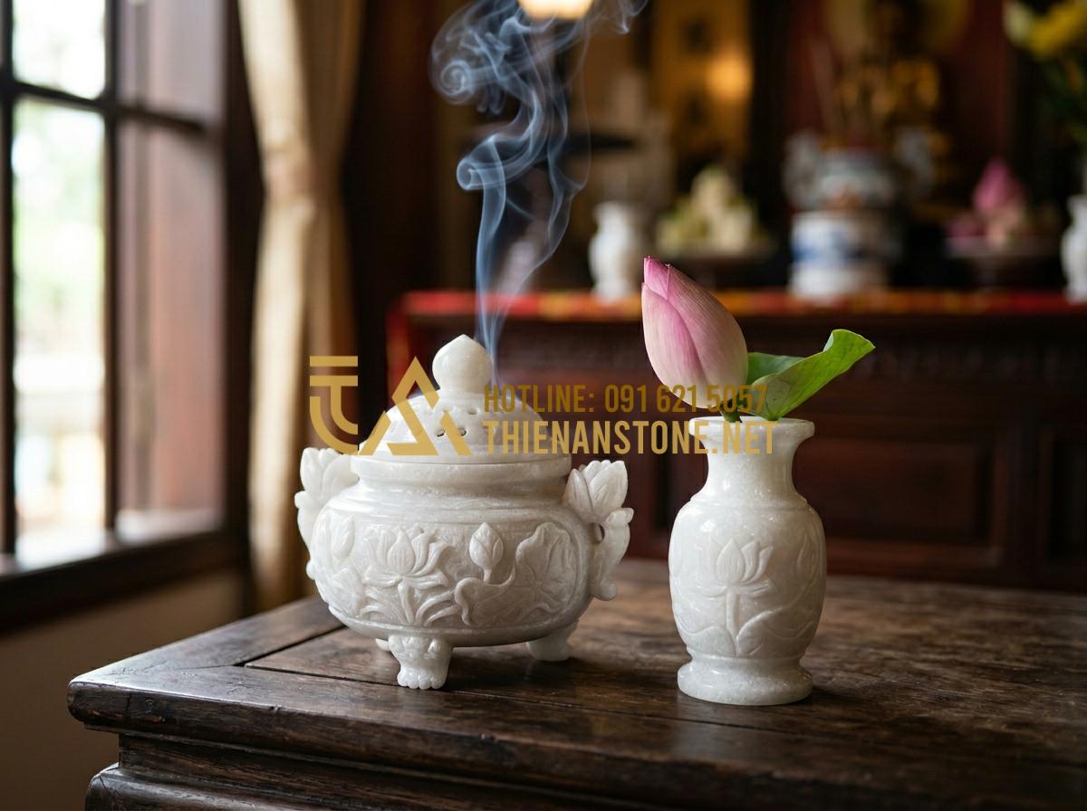 Đồ Thờ Đá Mini: Giải Pháp Trang Trọng Cho Bàn Thờ Thiên Và Trang Thờ Ông Địa - Tạo ảnh tiếng Anh: A close-up shot of a small, exquisitely carved stone incense