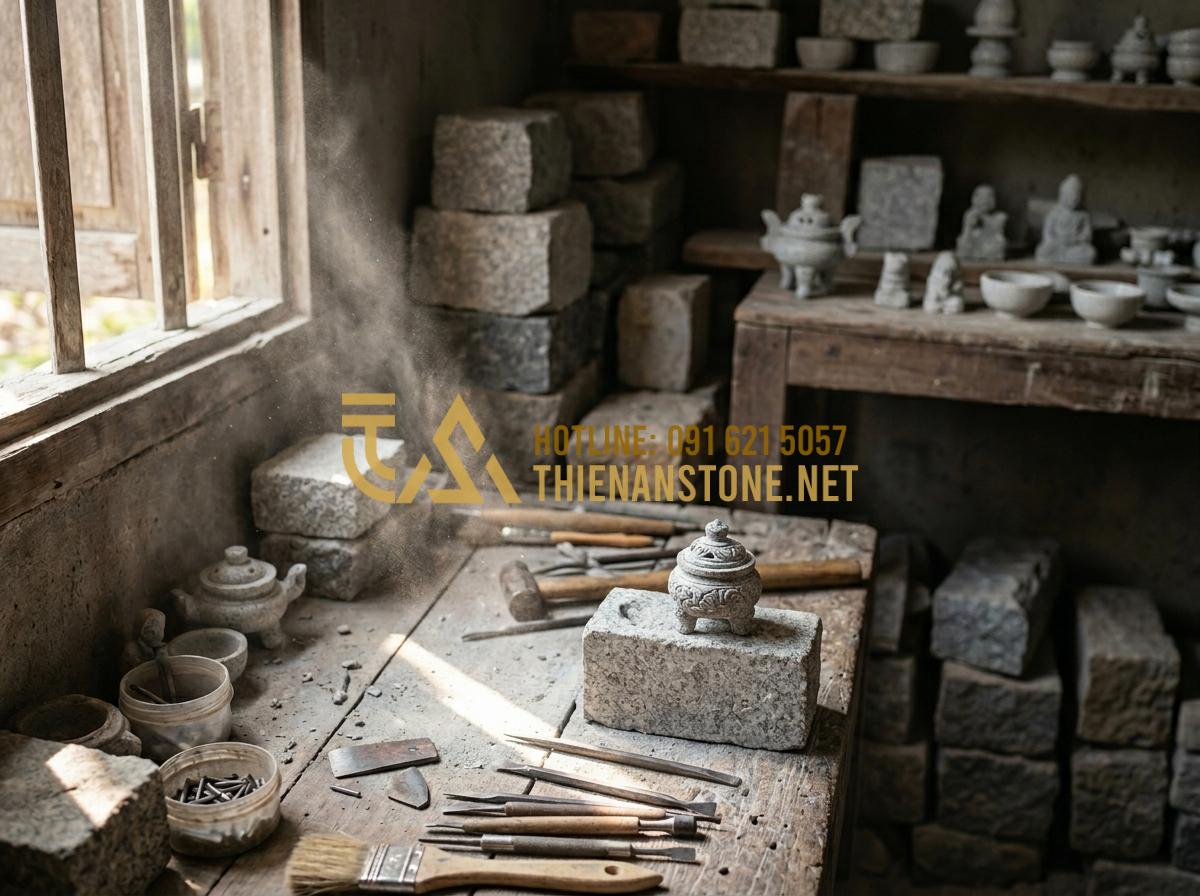 Đồ Thờ Đá Mini: Giải Pháp Trang Trọng Cho Bàn Thờ Thiên Và Trang Thờ Ông Địa - Tạo ảnh tiếng Anh: A skilled artisan in a traditional workshop is meticulously c