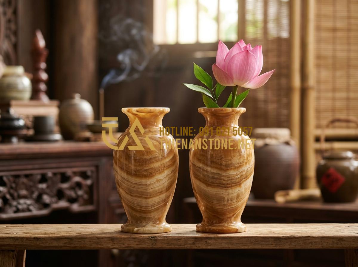 Đồ Thờ Đá Mini: Giải Pháp Trang Trọng Cho Bàn Thờ Thiên Và Trang Thờ Ông Địa - Tạo ảnh tiếng Anh: A pair of elegant mini stone flower vases made of yellow marb