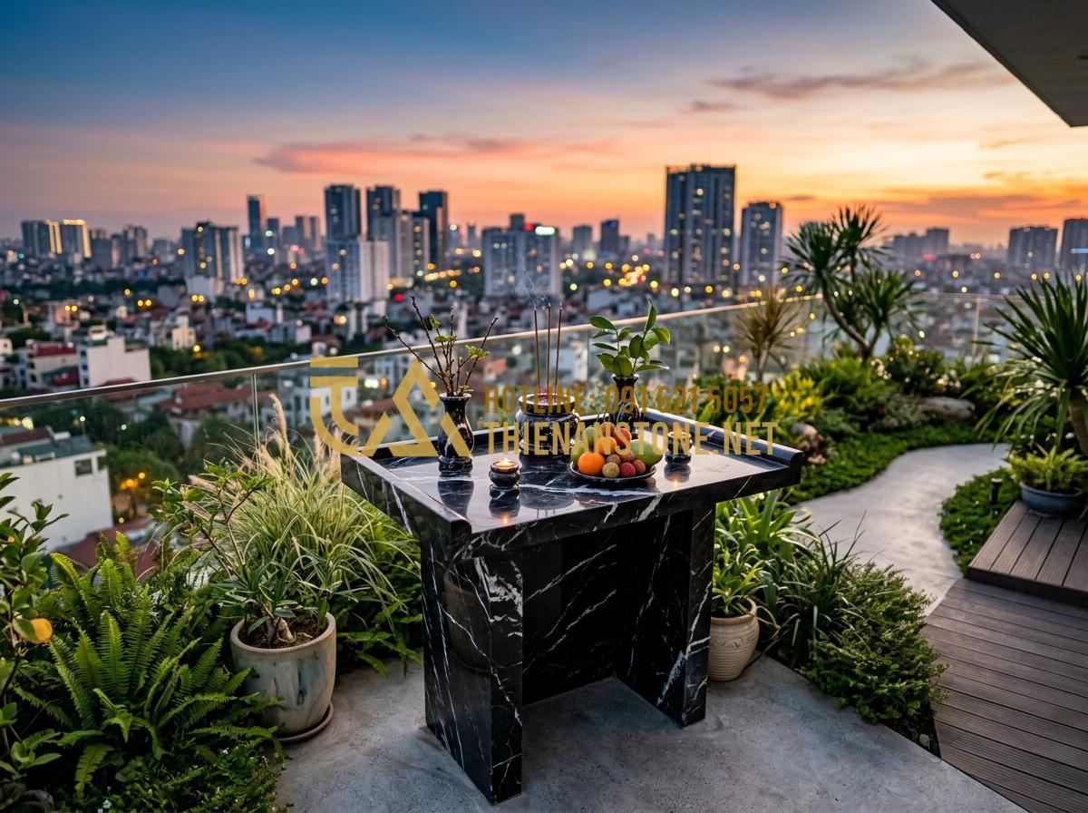 Đồ Thờ Đá Mini: Giải Pháp Trang Trọng Cho Bàn Thờ Thiên Và Trang Thờ Ông Địa - Tạo ảnh tiếng Anh: An outdoor stone altar (Ban tho Thien) located on a modern ro