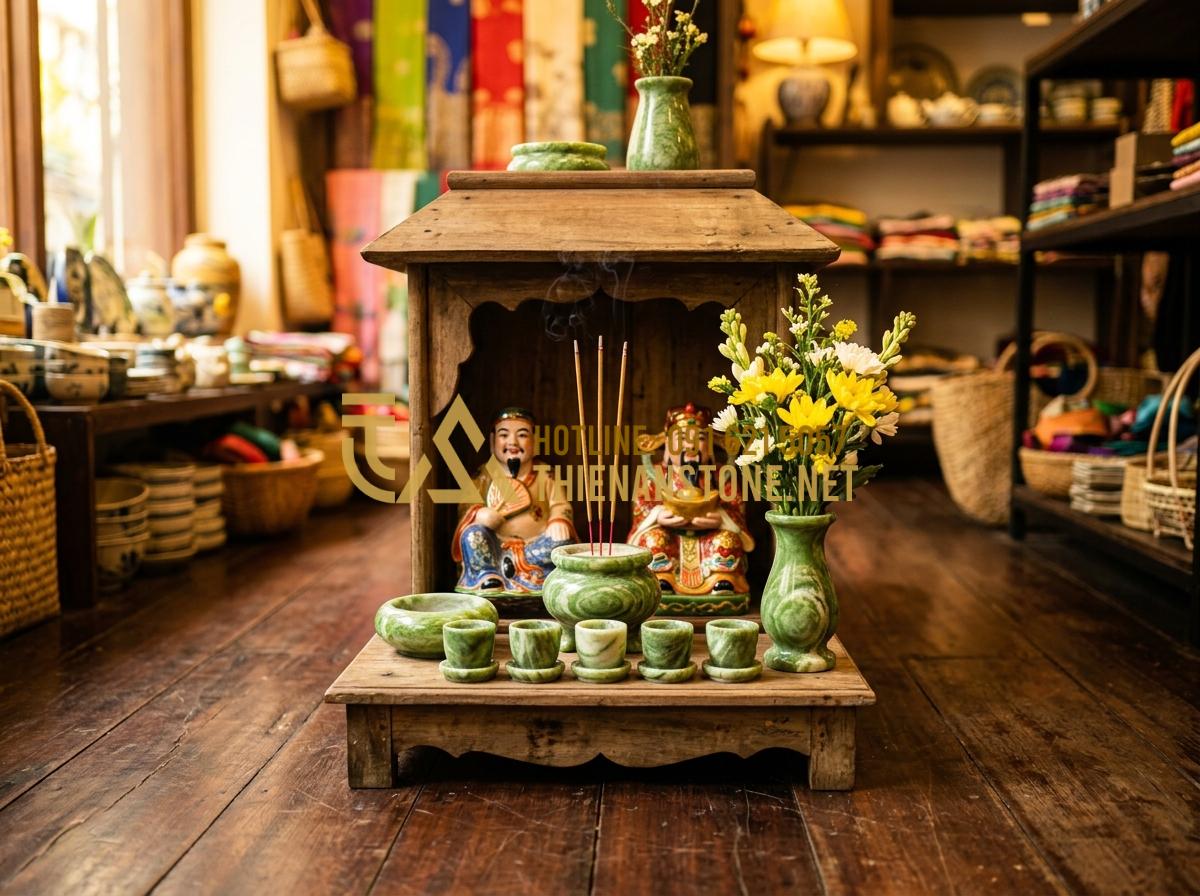 Đồ Thờ Đá Mini: Giải Pháp Trang Trọng Cho Bàn Thờ Thiên Và Trang Thờ Ông Địa - Tạo ảnh tiếng Anh: A close-up of a mini Earth God (Ong Dia) altar placed on the
