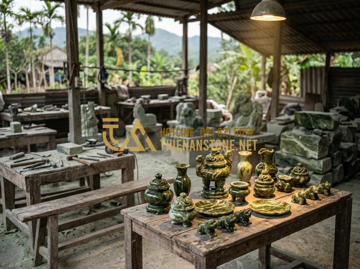 Đồ Thờ Đá Mini: Giải Pháp Trang Trọng Cho Bàn Thờ Thiên Và Trang Thờ Ông Địa - Tạo ảnh tiếng Anh: A wide shot of the Thien An Stone workshop in Phu Tho, Vietna