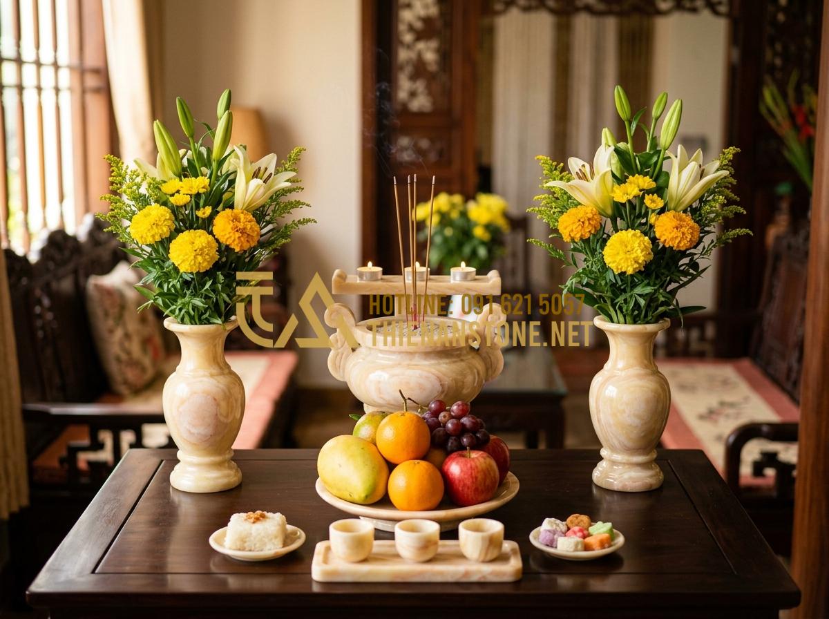 Đồ Thờ Đá Mini: Giải Pháp Trang Trọng Cho Bàn Thờ Thiên Và Trang Thờ Ông Địa - Tạo ảnh tiếng Anh: An instructional illustration showing the correct arrangement