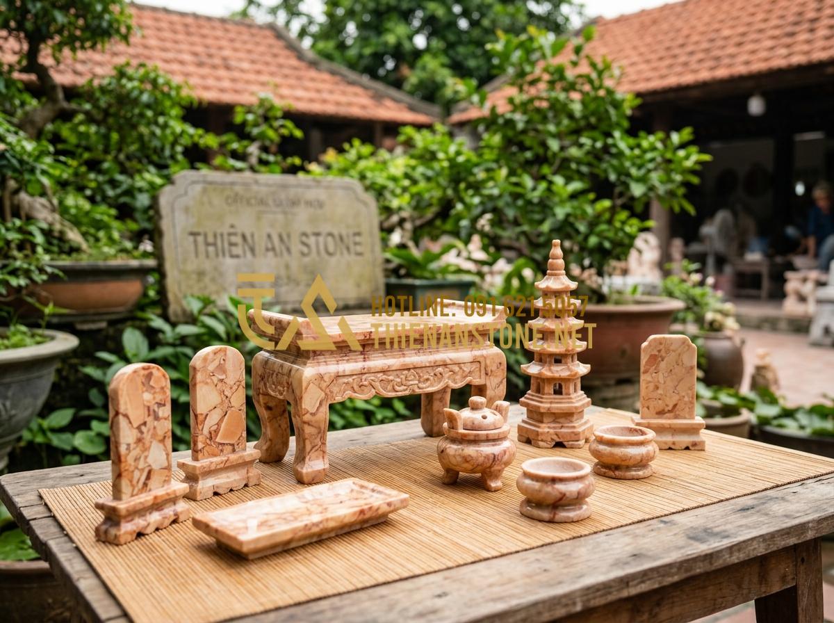 Đồ Thờ Đá Mini: Giải Pháp Trang Trọng Cho Bàn Thờ Thiên Và Trang Thờ Ông Địa - Tạo ảnh tiếng Anh: A high-quality showcase of various mini stone worship product