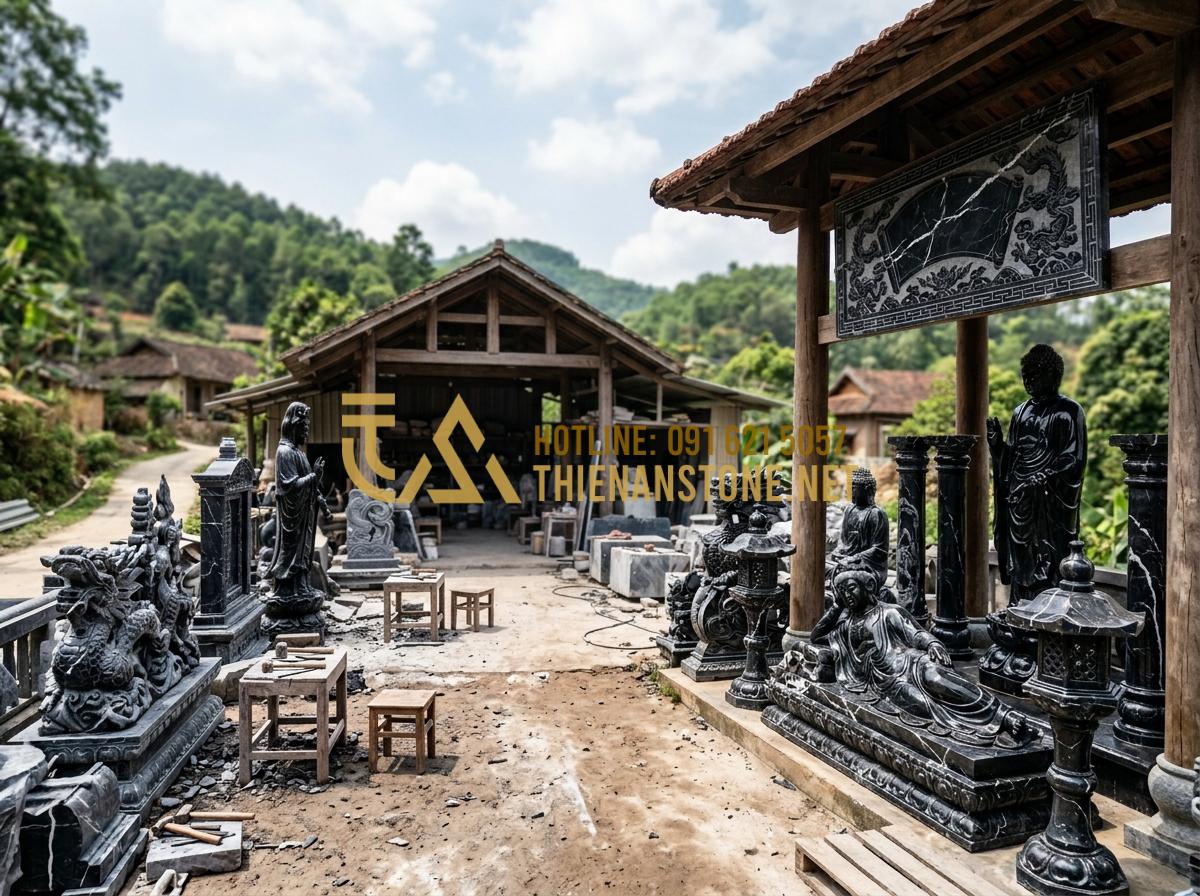 Đồ Thờ Đá Mỹ Nghệ Là Gì? Ý Nghĩa Tâm Linh Và 5 Lý Do Nên Chọn Đồ Thờ Bằng Đá - Tạo ảnh tiếng Anh: [A panoramic view of Thien An Stone workshop in Phu Tho, show