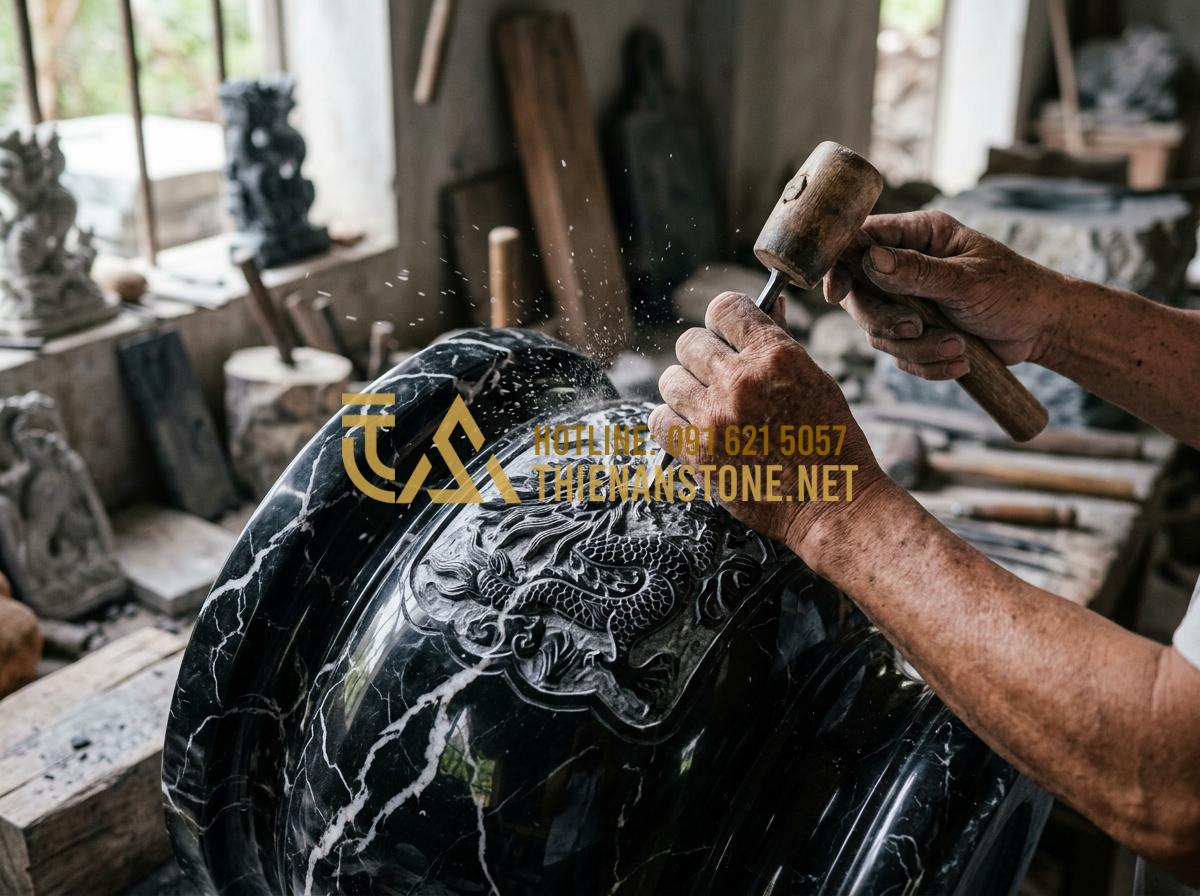 Đồ Thờ Đá Mỹ Nghệ Là Gì? Ý Nghĩa Tâm Linh Và 5 Lý Do Nên Chọn Đồ Thờ Bằng Đá - Tạo ảnh tiếng Anh: [A close-up shot of a skilled artisan's hands meticulously ca