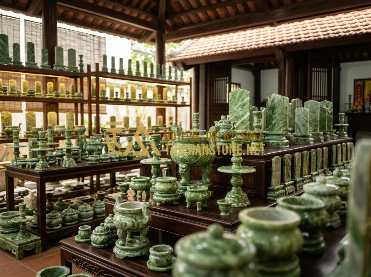 Đồ Thờ Đá Mỹ Nghệ Là Gì? Ý Nghĩa Tâm Linh Và 5 Lý Do Nên Chọn Đồ Thờ Bằng Đá - Tạo ảnh tiếng Anh: [An extensive collection of stone worship items displayed in