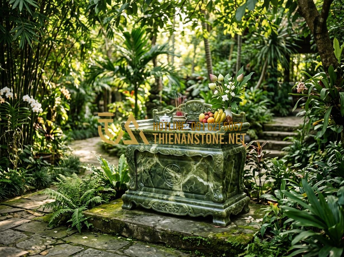 Đồ Thờ Đá Mỹ Nghệ Là Gì? Ý Nghĩa Tâm Linh Và 5 Lý Do Nên Chọn Đồ Thờ Bằng Đá - Tạo ảnh tiếng Anh: [A beautiful outdoor stone altar in a peaceful garden setting