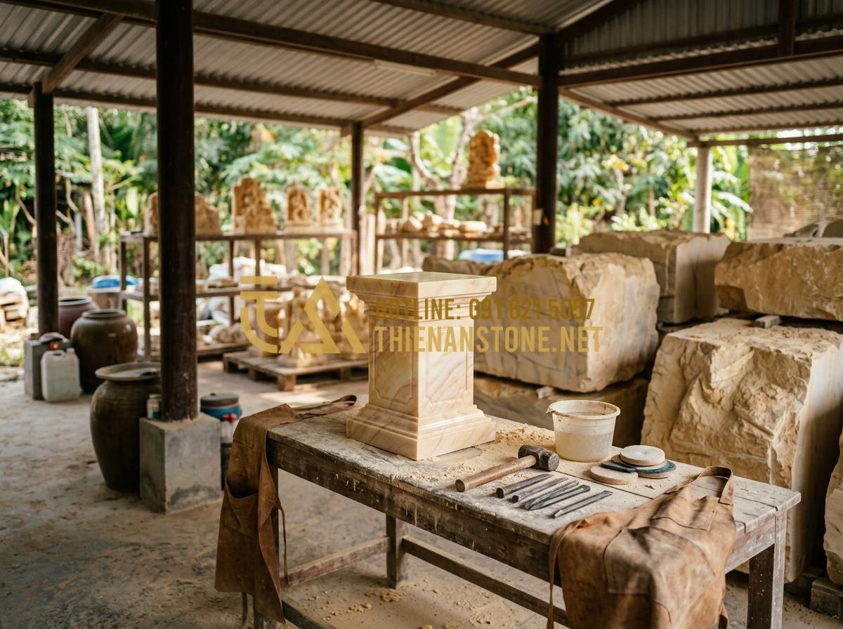 Đồ Thờ Đá Mỹ Nghệ Là Gì? Ý Nghĩa Tâm Linh Và 5 Lý Do Nên Chọn Đồ Thờ Bằng Đá - Tạo ảnh tiếng Anh: [A wide shot of a master stonemason at Thien An Stone worksho
