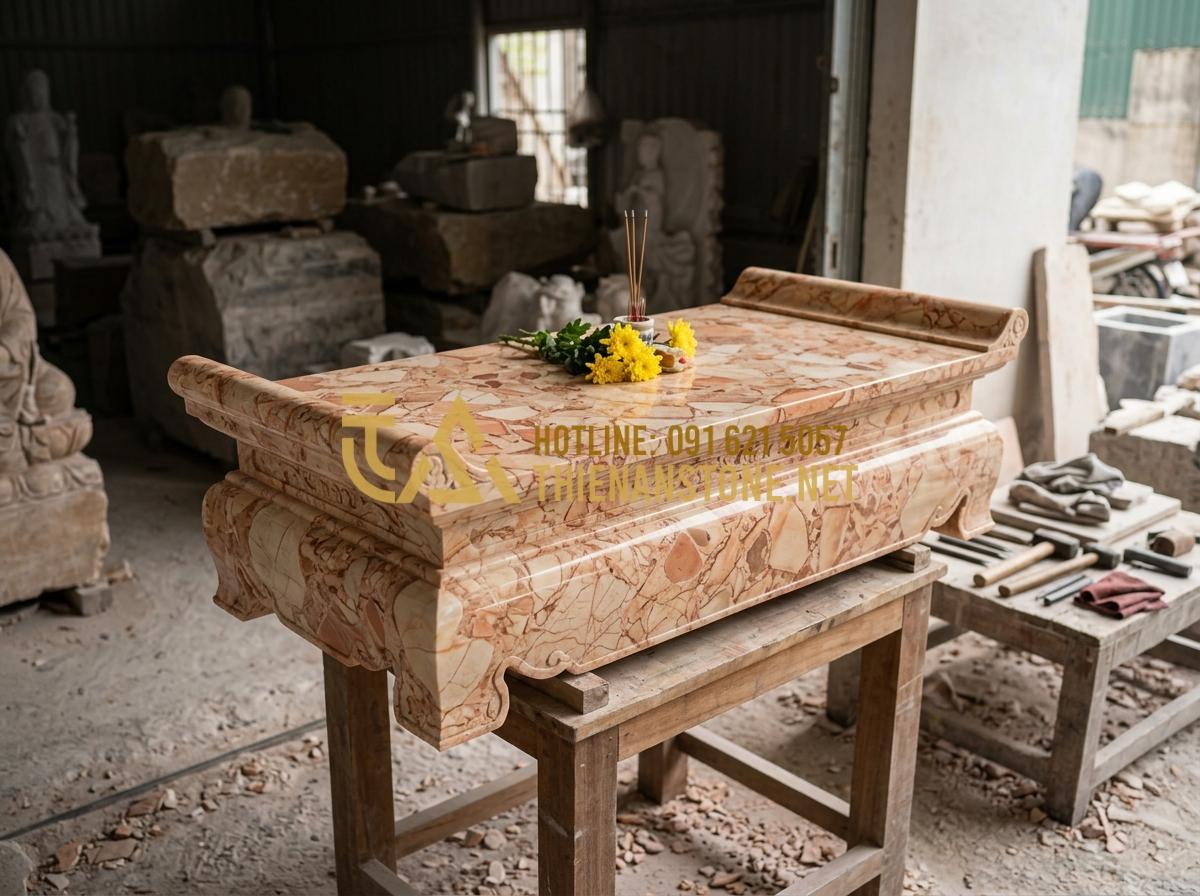 Đồ Thờ Đá Mỹ Nghệ Là Gì? Ý Nghĩa Tâm Linh Và 5 Lý Do Nên Chọn Đồ Thờ Bằng Đá - Tạo ảnh tiếng Anh: [An emotional scene of an elderly Vietnamese man looking resp