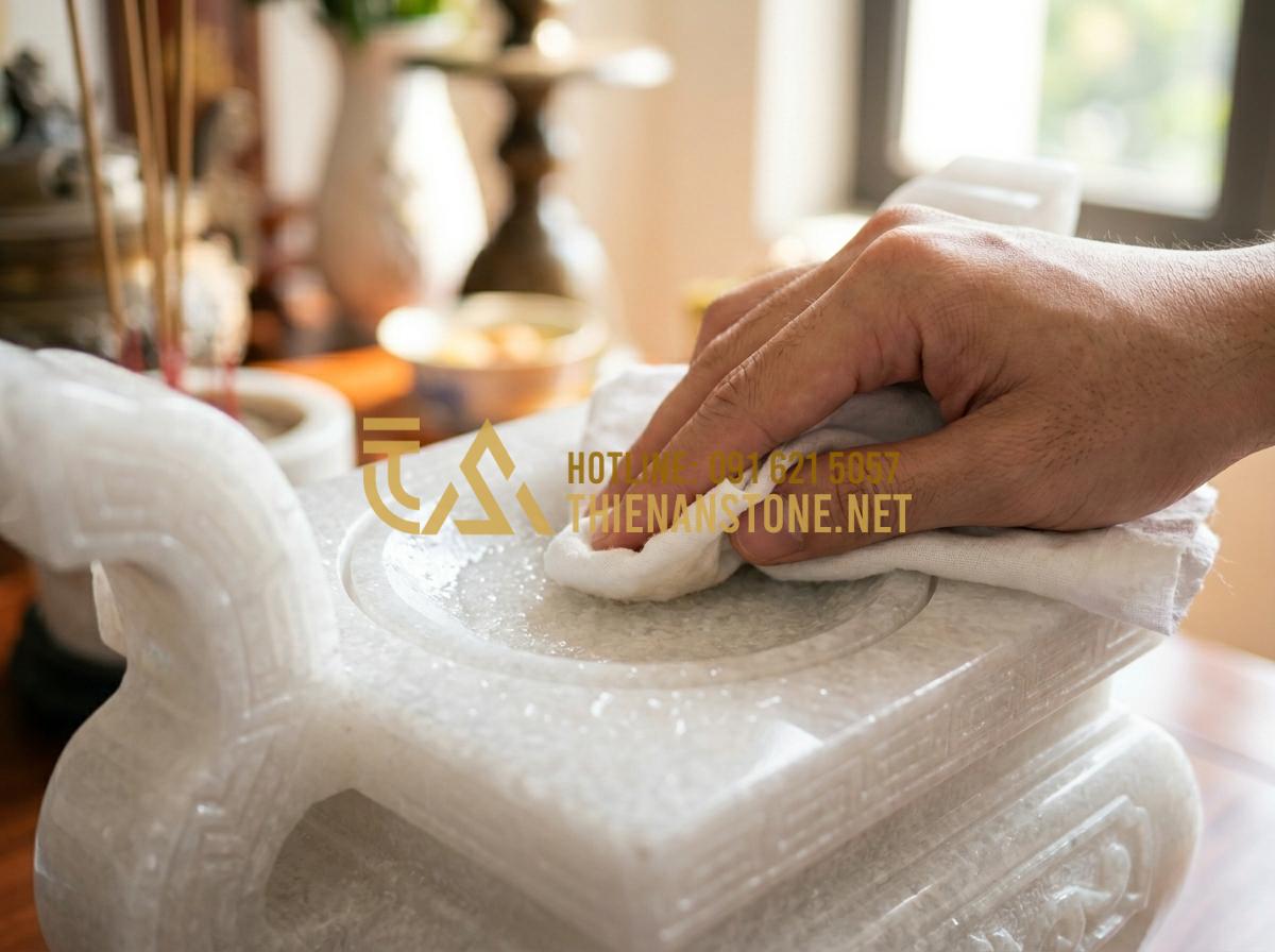 Đồ Thờ Đá Mỹ Nghệ Là Gì? Ý Nghĩa Tâm Linh Và 5 Lý Do Nên Chọn Đồ Thờ Bằng Đá - Tạo ảnh tiếng Anh: [A person's hand using a soft white cloth to gently clean a p