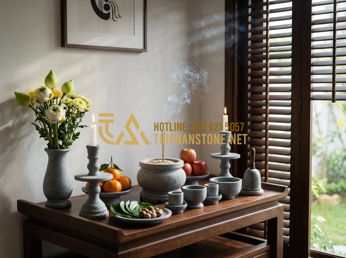 Đồ Thờ Đá Mỹ Nghệ Là Gì? Ý Nghĩa Tâm Linh Và 5 Lý Do Nên Chọn Đồ Thờ Bằng Đá - Tạo ảnh tiếng Anh: [A serene interior of a modern Vietnamese family shrine with
