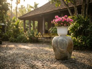 Đôn Đá Kê Tượng & Kê Chậu Hoa: Ứng Dụng Thực Tế & Lưu Ý Khi Trang Trí - Creating a professional aesthetic image of a serene garden corner. A hand-carved