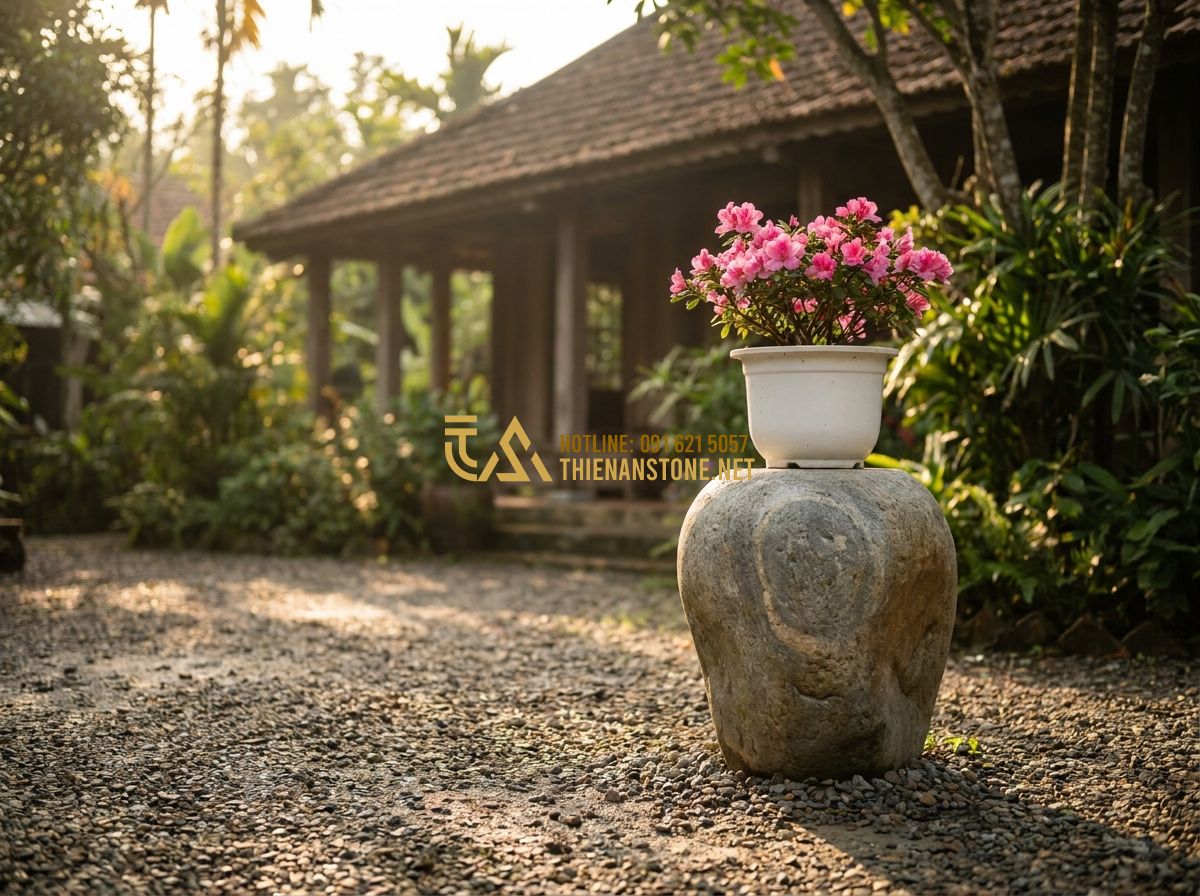 Đôn Đá Kê Tượng & Kê Chậu Hoa: Ứng Dụng Thực Tế & Lưu Ý Khi Trang Trí - Hình 1 Đôn Đá Kê Tượng & Kê Chậu Hoa: Ứng Dụng Thực Tế & Lưu Ý Khi Trang Trí - Creating a professional aesthetic image of a serene garden corner. A hand-carved