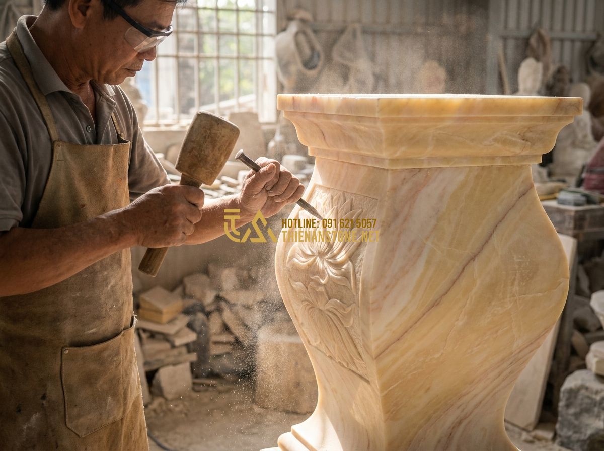 Đôn Đá Kê Tượng & Kê Chậu Hoa: Ứng Dụng Thực Tế & Lưu Ý Khi Trang Trí - Hình 10 Đôn Đá Kê Tượng & Kê Chậu Hoa: Ứng Dụng Thực Tế & Lưu Ý Khi Trang Trí - Behind-the-scenes shot of a skilled Vietnamese artisan at Xưởng Đá Mỹ Nghệ Thiên