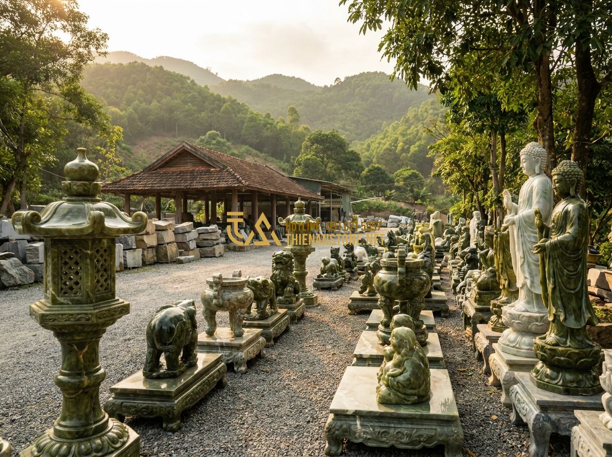 Đôn Đá Kê Tượng & Kê Chậu Hoa: Ứng Dụng Thực Tế & Lưu Ý Khi Trang Trí - Hình 11 Đôn Đá Kê Tượng & Kê Chậu Hoa: Ứng Dụng Thực Tế & Lưu Ý Khi Trang Trí - A wide-angle, welcoming shot of the Xưởng Đá Mỹ Nghệ Thiên An facility in Phu Th
