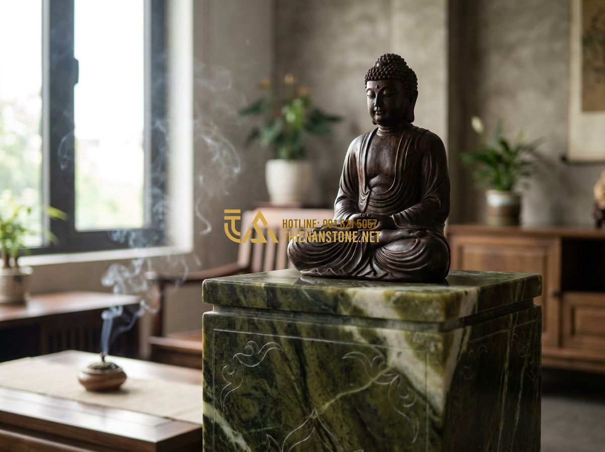 Đôn Đá Kê Tượng & Kê Chậu Hoa: Ứng Dụng Thực Tế & Lưu Ý Khi Trang Trí - Hình 3 Đôn Đá Kê Tượng & Kê Chậu Hoa: Ứng Dụng Thực Tế & Lưu Ý Khi Trang Trí - Detailed cinematic shot of a Buddha statue made of dark wood placed on a hand-ca