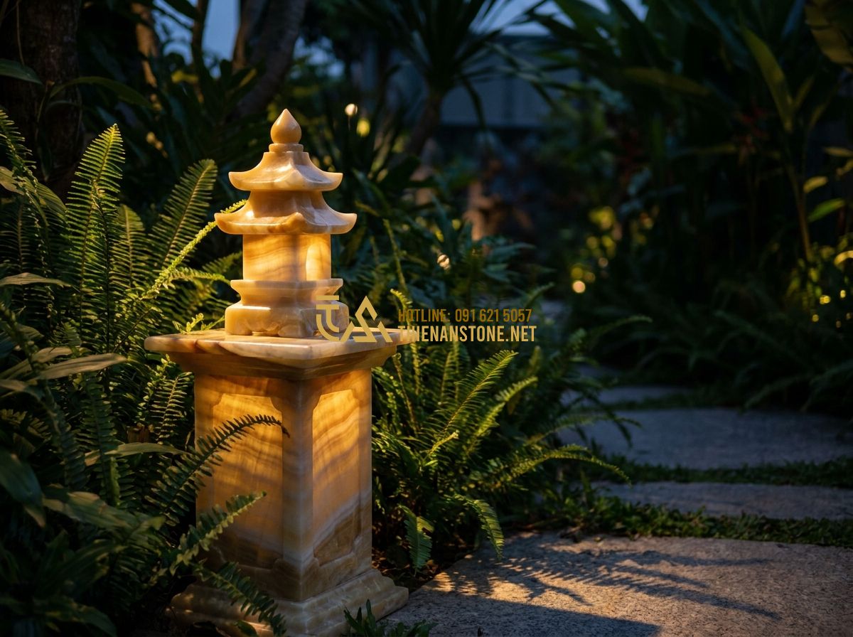 Đôn Đá Kê Tượng & Kê Chậu Hoa: Ứng Dụng Thực Tế & Lưu Ý Khi Trang Trí - Hình 4 Đôn Đá Kê Tượng & Kê Chậu Hoa: Ứng Dụng Thực Tế & Lưu Ý Khi Trang Trí - A mystical and spiritual setting featuring a stone pedestal in a lush garden at